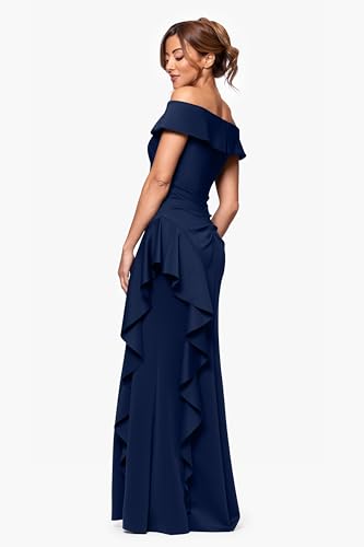 Women's Long Tech Scuba Off-The-Shoulder Ruffle Dress