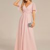 Women's Chiffon A-Line Ruched Short Sleeves Applique Waist V Neck Formal Evening Dresses