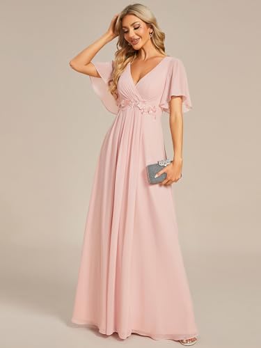 Women's Chiffon A-Line Ruched Short Sleeves Applique Waist V Neck Formal Evening Dresses