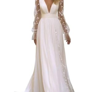 Long Sleeves Wedding Dresses for Bride Lace Chiffon A Line Long Beach Bridal Dress for Women