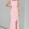 Women's Long Sleeveless Boat Neck Ruffle Side Slit Scuba Crepe Gown