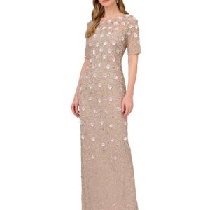 Women's Long Hand Beaded 3D Floral Dress with Elbow Sleeves
