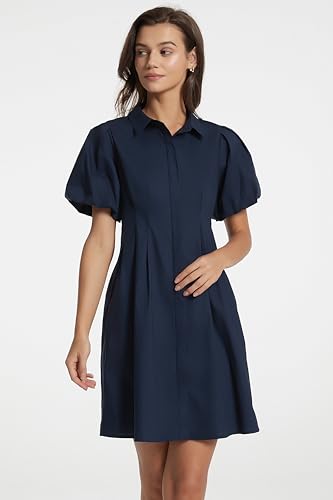 Women's Short Puff Sleeve Shirt Dress Button Down Pleated Mini Dress Summer Casual Short Dresses