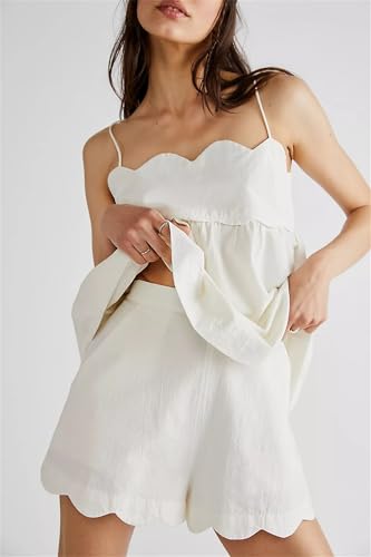 Women 2 Piece Casual Lounge Set Sleeveless Strappy Tie Back Cami Top Wide Leg Shorts 2Pcs Summer Pj Set Beachwear