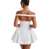 Women's Summer Sexy V Neck Off Shoulder Wedding Mini Dresses Backless A Line Puffy Hem Prom Party Gown