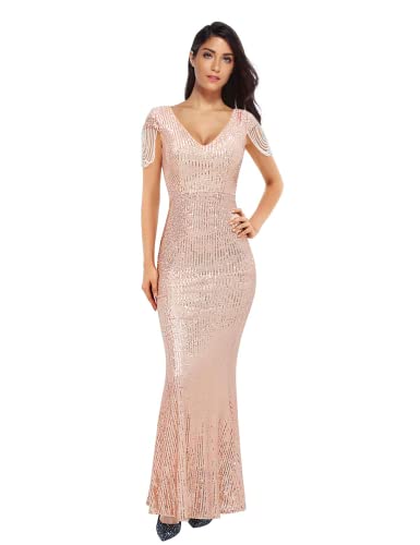 Women's V Neck Sequin Formal Evening Dress Tassel Bead Sleeve Mermaid Long Gown 1920S Party Maxi Military Dress