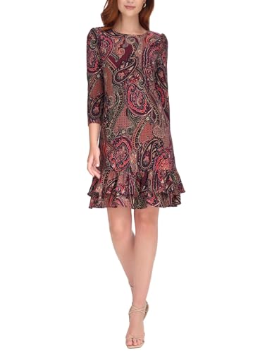 31EiXZqeBfL.jpg Women's 3/4 Sleeve High Neck Ruffle Trim Jersey Mini Dress
