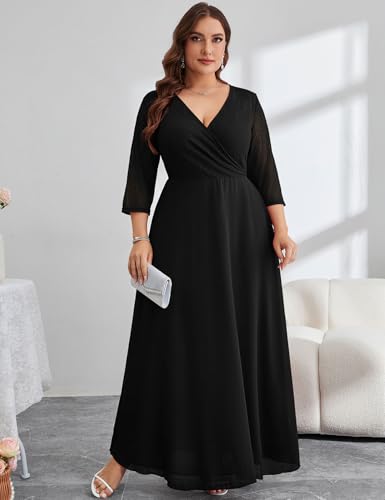Plus Size Maxi Formal Dress Lace Chiffon Floral V-Neck Wrap Wedding Guest Evening Gown Cocktail Prom 3/4 Sleeves