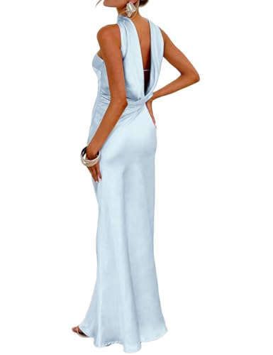 Women's Summer Satin Strapless Tube Top Maxi Dress Elegant Silk Backless Halter Neck Formal Party Dresses Wedding Guest