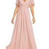 Women's Chiffon A-Line Ruched Short Sleeves Applique Waist V Neck Formal Evening Dresses