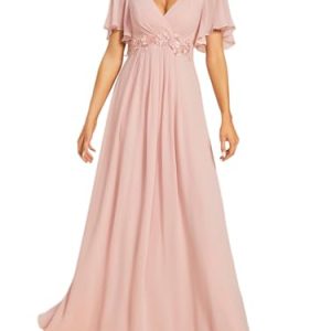 Women's Chiffon A-Line Ruched Short Sleeves Applique Waist V Neck Formal Evening Dresses