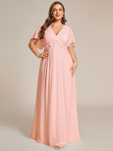 Chiffon V Neck Short Sleeves Appliques Plus Size Formal Dresses for Curvy Women Evening Gowns 01960-DA