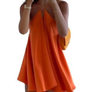 Women's Halter Dress Tie Open Back Twist Sleeveless Flowy A Line Mini Dresses