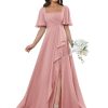 Square Neck Flutter Sleeve Bridesmaid Dresses for Women Long Slit A Line Chiffon Formal Evening Gown