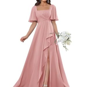 Square Neck Flutter Sleeve Bridesmaid Dresses for Women Long Slit A Line Chiffon Formal Evening Gown