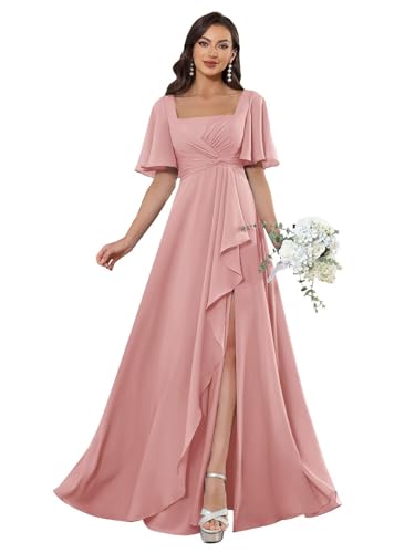 Square Neck Flutter Sleeve Bridesmaid Dresses for Women Long Slit A Line Chiffon Formal Evening Gown