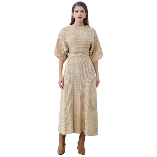 Women Cable Knit Sweater Dress Boat Neck High Waisted Knit Dresses Elbow Sleeves Solid Fall Trendy Casual Long Dress