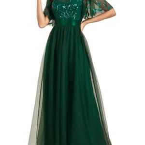 Women's Formal Dresses Crew Neck Sequin Ruffle Sleeve Empire Waist Beaded Long Evening Dresses 00904