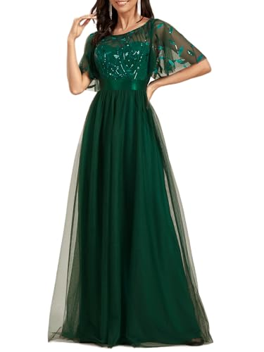 Women's Formal Dresses Crew Neck Sequin Ruffle Sleeve Empire Waist Beaded Long Evening Dresses 00904