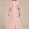 Women's Chiffon A-Line Ruched Short Sleeves Applique Waist V Neck Formal Evening Dresses