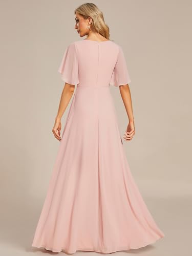 Women's Chiffon A-Line Ruched Short Sleeves Applique Waist V Neck Formal Evening Dresses