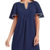 Women's Summer Flutter Short Sleeve A Line Mini Dress Casual Contrast Trim V Neck Short Dress with Pockets