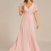 Women's Chiffon A-Line Ruched Short Sleeves Applique Waist V Neck Formal Evening Dresses