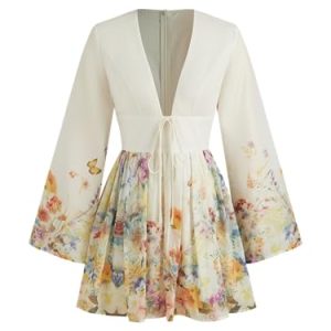 Dresses for Women Floral Print V Neck Long Sleeve High Waist Knotted Ruffle A Line Mini Dress