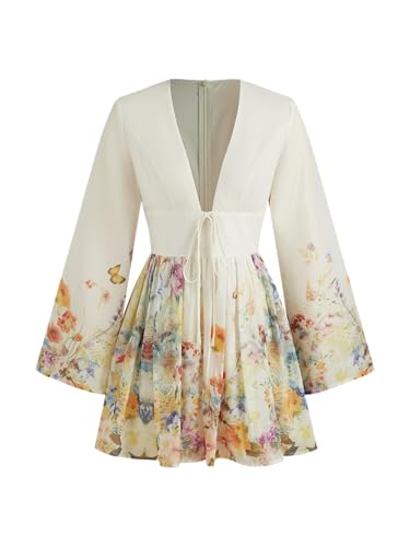 Dresses for Women Floral Print V Neck Long Sleeve High Waist Knotted Ruffle A Line Mini Dress