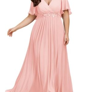 Chiffon V Neck Short Sleeves Appliques Plus Size Formal Dresses for Curvy Women Evening Gowns 01960-DA