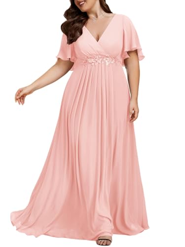 Chiffon V Neck Short Sleeves Appliques Plus Size Formal Dresses for Curvy Women Evening Gowns 01960-DA