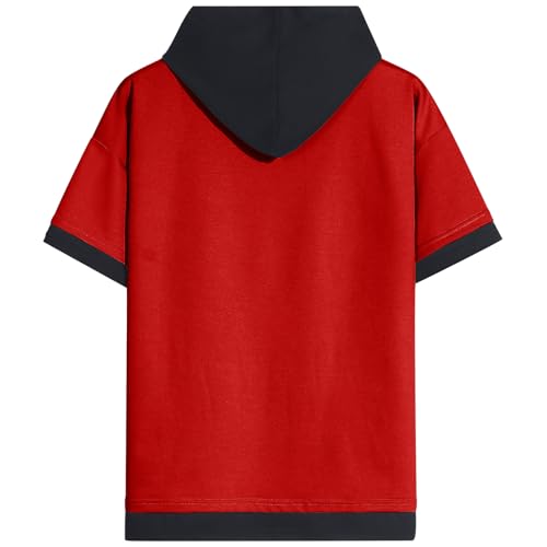 Mens Short Sleeve Hoodie Soft Cotton Color Block Moisture Wicking Big Pocket Streetwear Short Sleeve Sweatshirt