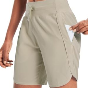 Women's 7" Athletic Long Running Shorts Workout Gym Quick Dry Hiking Shorts High Waisted Zipper Pocket