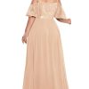Women's Plus Size Sequins Lace Off Shoulder Short Sleeves Slit Formal Wedding Guest Chiffon Long Dress