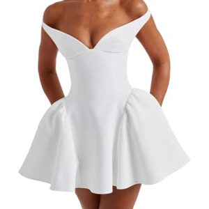 Women's Summer Sexy V Neck Off Shoulder Wedding Mini Dresses Backless A Line Puffy Hem Prom Party Gown