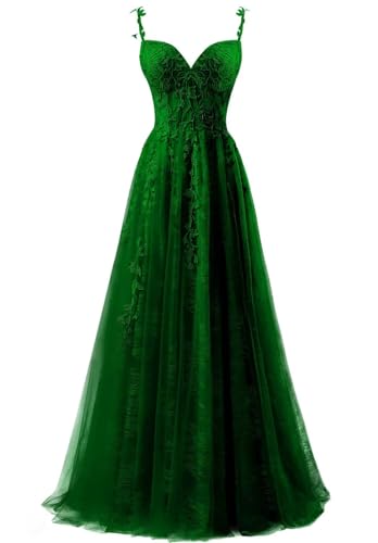 Lace Applique Tulle Prom Dresses for Women 2025 Spaghetti Straps Ball Gown Formal Evening Party Gown with Slit