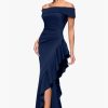 Women's Long Tech Scuba Off-The-Shoulder Ruffle Dress