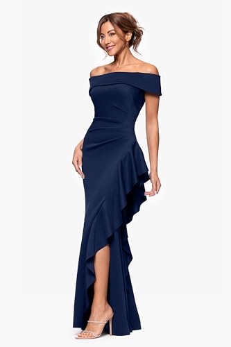 Women's Long Tech Scuba Off-The-Shoulder Ruffle Dress