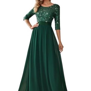 Women's Elegant A Line Crew Neck Half Sleeve Sequin Maxi Evening Dress 00683