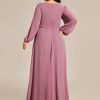 Women's Floor Length V Neck Lantern Sleeves Applique Mother of The Bride Dress Plus Size Formal Dresses