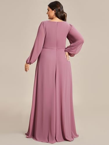 Women's Floor Length V Neck Lantern Sleeves Applique Mother of The Bride Dress Plus Size Formal Dresses