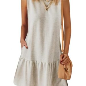 Casual Short Summer Dresses for Women 2025 Sleeveless Crewneck Cute Ruffle Loose Vacation Mini Tshirt Dress