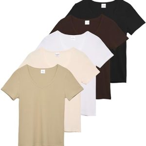 5 Pack: Women's Soft Ribbed Short Sleeve V-Neck T-Shirt Casual Summer Tee Shirts