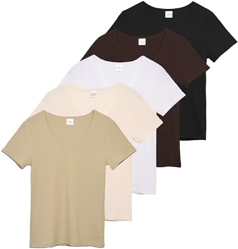5 Pack: Women's Soft Ribbed Short Sleeve V-Neck T-Shirt Casual Summer Tee Shirts