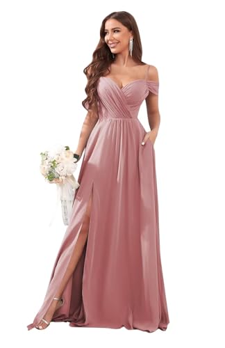 Women's Off The Shoulder Bridesmaid Dresses with Pockets Long Chiffon Wedding Guest Dress with Slit