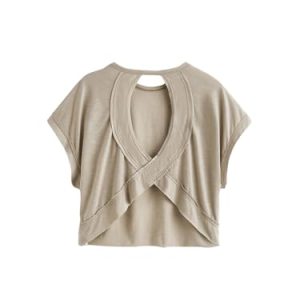 2024 Open Back Tops for Women Criss Cross Cut Out Tee Backless Casual Short Sleeve Round Neck T Shirt