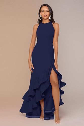 Women's Petite Long Sleeveless Stretch Scuba Crepe Ruffle Dress