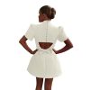 Women's Elegant Bow Backless Hollow Out Mini Dress Turtleneck Short Sleeve Pad Shoulder Dresses for Party Cocktail
