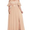 Women's Plus Size Sequins Lace Off Shoulder Short Sleeves Slit Formal Wedding Guest Chiffon Long Dress