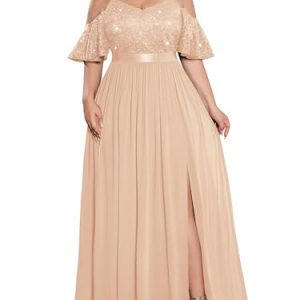 Women's Plus Size Sequins Lace Off Shoulder Short Sleeves Slit Formal Wedding Guest Chiffon Long Dress